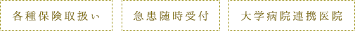 各種保険取り扱い・急患随時受付・大学病院連携医院